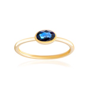 14K Solid Gold Oval Cut Blue Sapphire Ring Dainty Natural Gemstone Ring Stackable Solitaire Engagement Ring for Women Gift for Her image 2