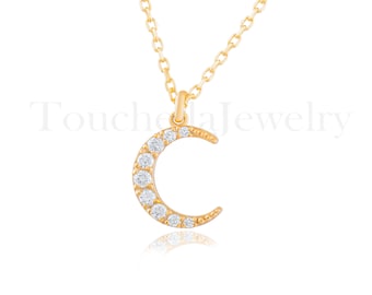 14K Solid Gold Diamond Crescent Moon Necklace: Rose Gold Pendant