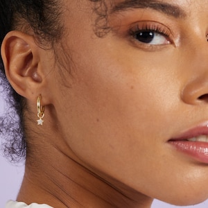 14K Solid Gold Diamond Star Dangle Earrings |Real Gold Hoops for Women | Women&#39;s Diamond Earrings | 14K Real Gold Jewelry | Gift for Her