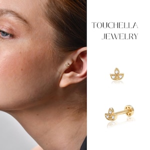 14k Gold Diamond Leaf Petal Piercing | Tiny Lotus Flower Tragus Earring | Minimalist Helix Tragus Piercing |Diamond Lotus Cartilage Earrings