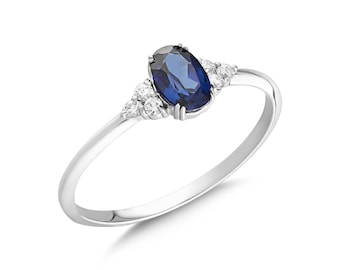 14K Solid Gold Oval Sapphire Ring | Real Gold Oval Sapphire Engagement Ring | Elegant Women&#39;s Jewelry| Sapphire Diamond Ring | Gift for Her
