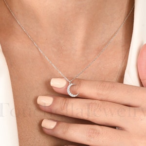 14K Solid Gold 0.10 CTW Crescent Moon Necklace | Diamond Crescent Pendant Chain Necklace | 14K Real Rose White Gold | Jewelry for Women