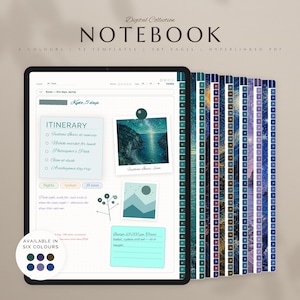 May include: A digital notebook displayed on a tablet screen featuring an itinerary page with text, a photo of a coastal landscape, and a mountain graphic. The notebook includes hyperlinked tabs, 53 templates, 385 pages, and is available in six colours.