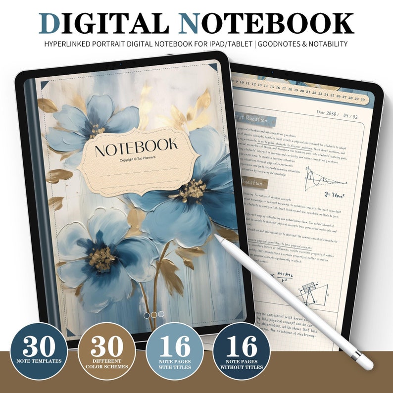 May include: A digital notebook for iPad and tablet with 30 note templates, 30 different color schemes, 16 note pages with titles, and 16 note pages without titles. The cover features a blue and gold floral design with the text "NOTEBOOK" in a white oval.