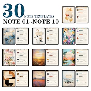 May include: A set of 30 digital note templates featuring various designs, including floral patterns, landscapes, and abstract art. The templates are labeled "NOTEBOOK" and numbered from 01 to 10.