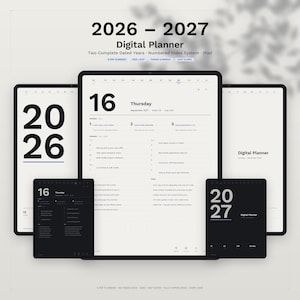 May include: A digital planner for 2026 and 2027 displayed on multiple tablet screens. The interface features a clean layout with daily schedules, priority lists, and notes sections in both light and dark modes. Text includes 2026-2027 Digital Planner.