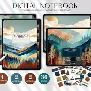 Peut inclure: Cahier numérique pour iPad/tablette avec un design de paysage. La couverture présente une illustration de montagne et de soleil dans des tons de bleu, d'or et de marron. Comprend 4 modèles de notes, 2 verticaux, 2 horizontaux et 36 pages de notes différentes.