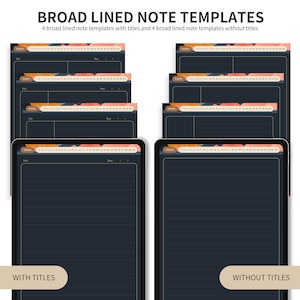 May include: Four digital note templates with broad lines, two with titles and two without. The templates have a dark background with a colorful abstract design at the top. The text "PAGES" and numbers are visible at the top of each template.