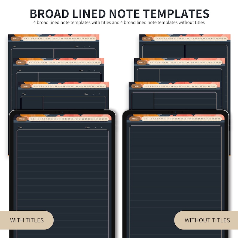 May include: Four digital note templates with broad lines, two with titles and two without. The templates have a dark background with a colorful abstract design at the top. The text "PAGES" and numbers are visible at the top of each template.