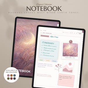 Peut inclure: Un carnet numérique avec une couverture paysage lunaire texturée et une page intérieure présentant un itinéraire de voyage à Kyoto, une photo style polaroïd et une section budget. Le texte indique Digital Collection NOTEBOOK Bauhaus shapes meet warm earth tones.