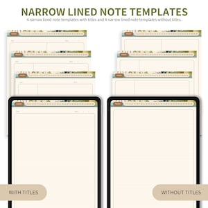 May include: Four printable note templates with narrow lines. Two templates have a title and date section, and two templates are blank. The templates have a green and brown watercolor background.