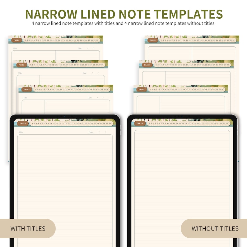 May include: Four printable note templates with narrow lines. Two templates have a title and date section, and two templates are blank. The templates have a green and brown watercolor background.