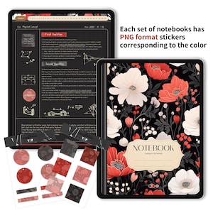 May include: A black and white notebook with a floral design featuring red, white, and pink flowers. The notebook has the text "NOTEBOOK" and "Copyright &copy; Ray Planners" on the front cover. The image also shows a set of stickers in red, pink, and black.