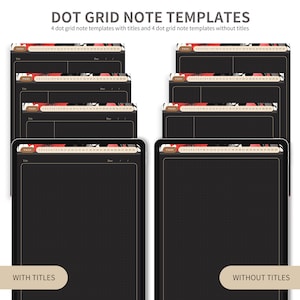 May include: Four digital note templates with titles and four digital note templates without titles. The templates feature a black background with a white dot grid and a red, black, and white abstract design at the top. The templates are labeled "PAGES" and have fields for "Title" and "Date".