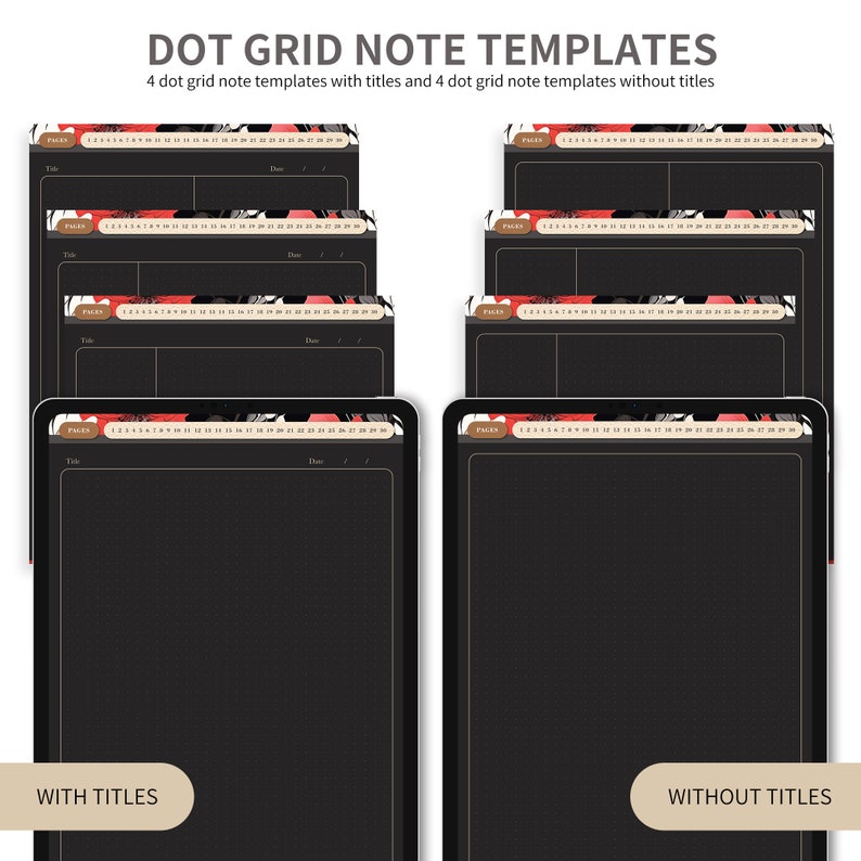 May include: Four digital note templates with titles and four digital note templates without titles. The templates feature a black background with a white dot grid and a red, black, and white abstract design at the top. The templates are labeled "PAGES" and have fields for "Title" and "Date".
