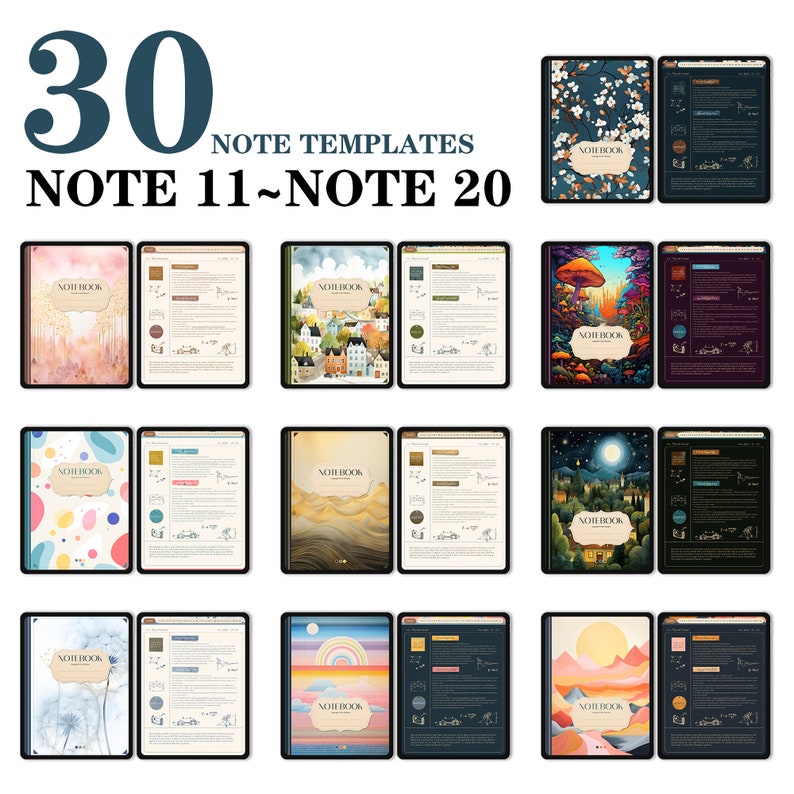 May include: Thirty digital note templates for Note 11 to Note 20. The templates feature a variety of designs, including floral, abstract, and landscape themes. Each template includes a space for a title and notes.
