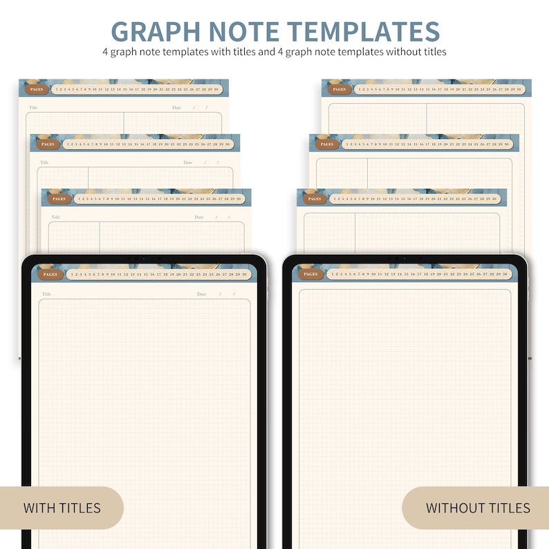 May include: Four graph note templates with titles and four graph note templates without titles. Each template features a grid pattern with a blue and yellow abstract design at the top. The templates are displayed on a tablet screen.