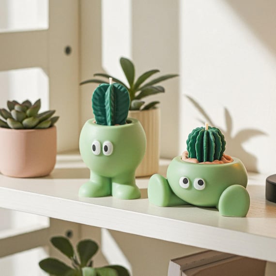 A hand-poured soy candle shaped like a chunky cactus — melts dramatically as it burns, which is half the fun.