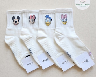 Disney Friends Non-Slip Grip Socks/ Mid Cut Crew Socks - Pilates, Yoga, Gym and Multi-Purpose Daily Socks