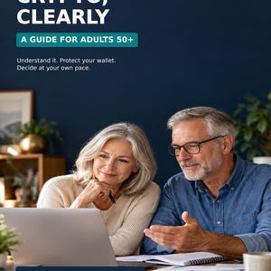 May include: A digital ebook cover titled CRYPTO, CLEARLY A GUIDE FOR ADULTS 50+ with the subtitle Understand it. Protect your wallet. Decide at your own pace. The cover features a grey-haired person and a person with glasses looking at a laptop.