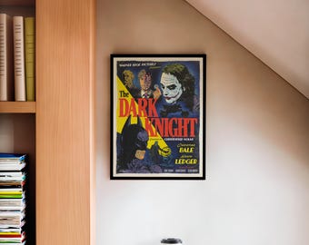 The Dark Knight Vintage Style Retro Movie Poster, Christopher Nolan, Batman, Joker, Heath Ledger, Christian Bale