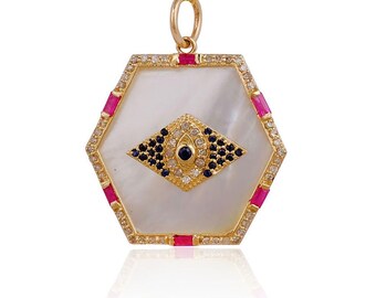 Diamond Sapphire Evil Eye Pendant Charm, 18K Yellow Gold Pendants, Baguette Shape Ruby Gemstone Fine Gold Charm, Necklaces Findings ADP10