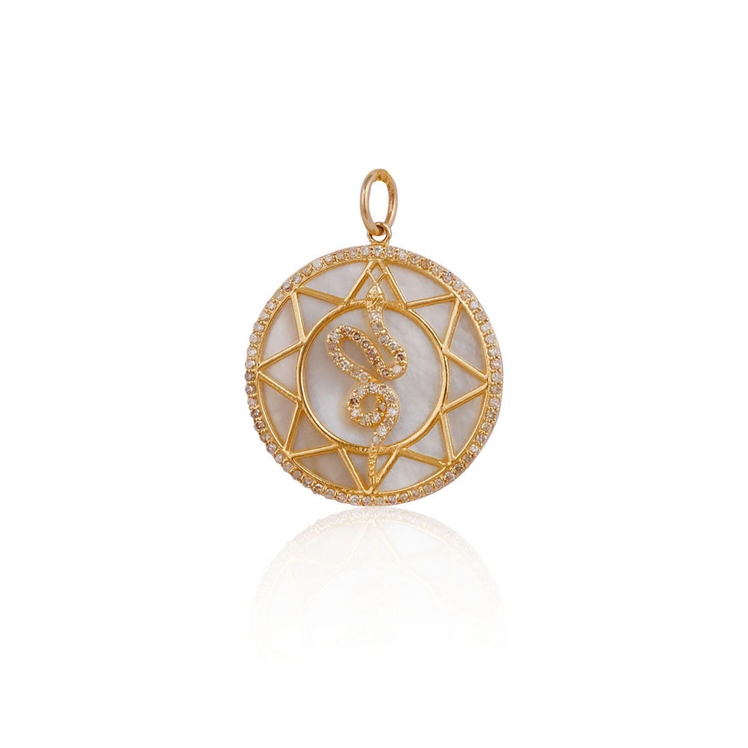 Mother of Pearl Snake Pendant - Nuha Jewelers Yellow Gold Mother of Pearl Diamond Serpent Spinner Pendant 18k .12ctw Snake main image 1