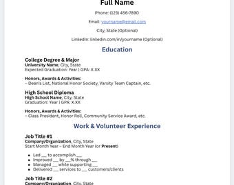 May include: A resume template with a blue header and sections for contact information, education, and work experience. The resume includes placeholders for a full name, phone number, email, and LinkedIn profile.