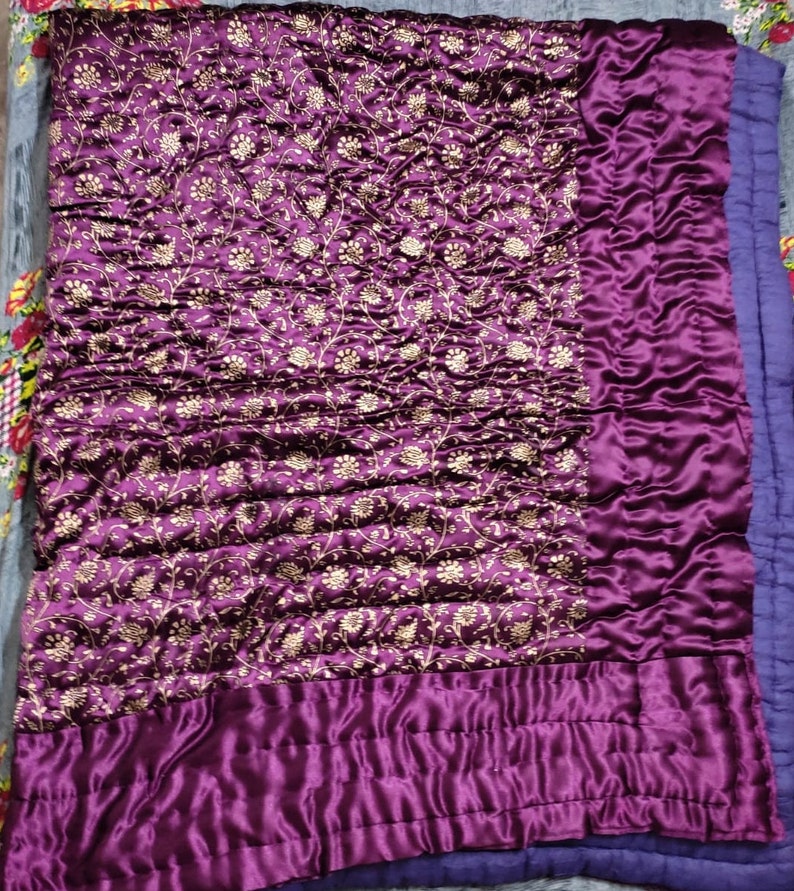Handmade Silk Quilt , Indian Jaipuri Gold Print Razai ,filled With