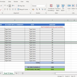 May include: A spreadsheet with a budget breakdown. The spreadsheet includes columns for month, outgoings name, account info, comments, date, and amount. The total amount of outgoings is $150. The total income is $1,200 and the disposable income is $1,050.