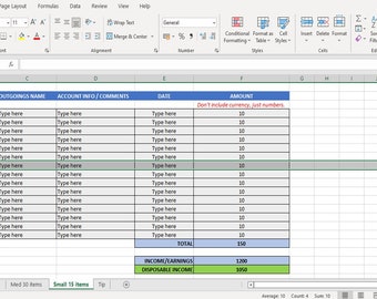 May include: A spreadsheet with a budget breakdown. The spreadsheet includes columns for month, outgoings name, account info, comments, date, and amount. The total amount of outgoings is $150. The total income is $1,200 and the disposable income is $1,050.