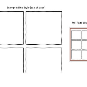 Op de afbeelding: Een zwart-wit afbeelding die een stripboek lay-out sjabloon toont met vier panelen in een 2x2 raster. De tekst "Full Page Layout" staat boven het sjabloon.