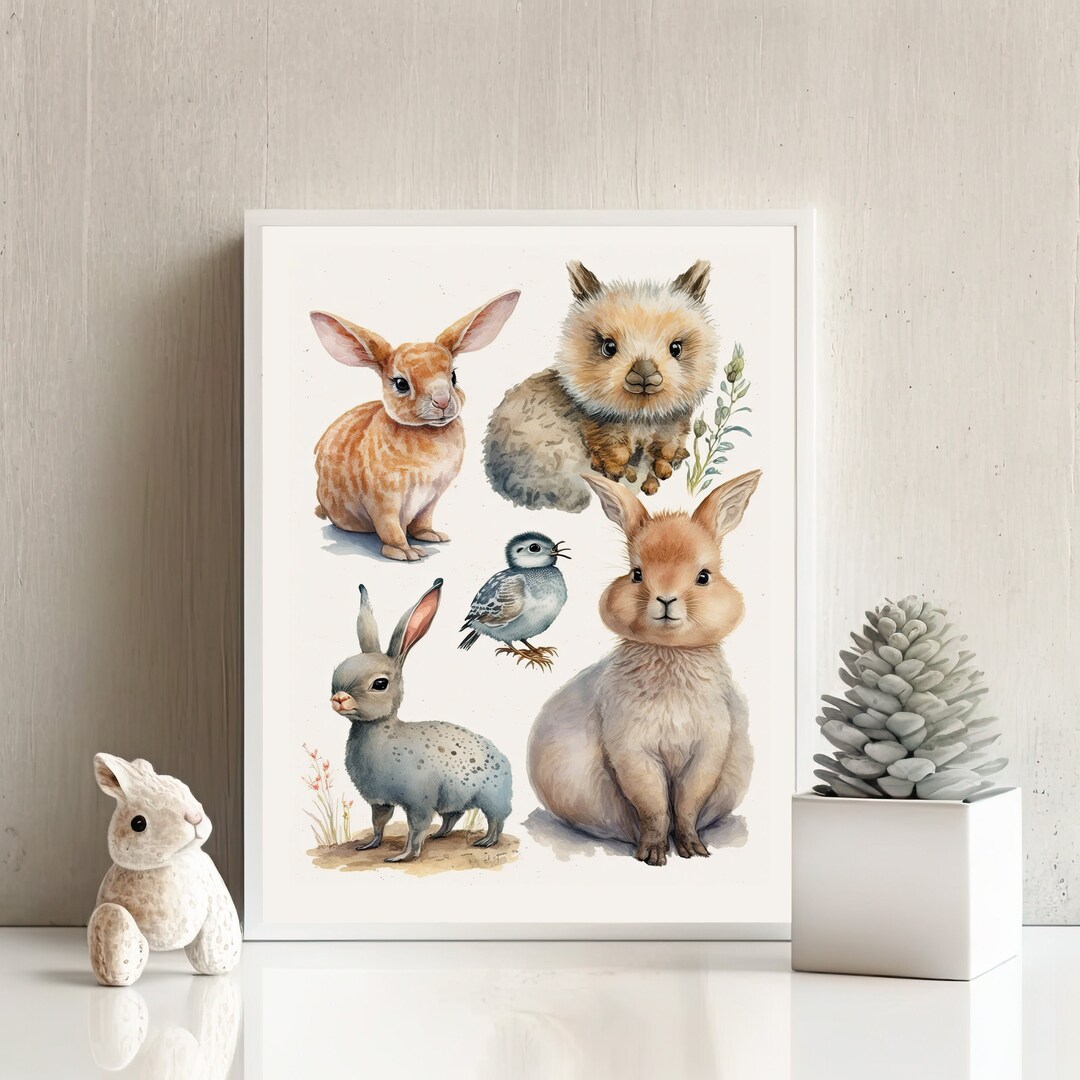 Watercolor Baby Animal Nursery Print, Gender Neutral Nursery Wall Art