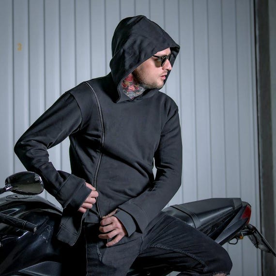 Men Asymmetrical Zip Hoodie – Trendy Oversized Black Hoodie, Edgy  Streetwear and Fashionable Fleece Jacket Men Top