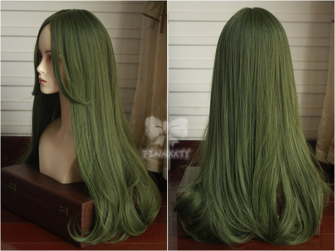 Long Dark Green Wavy Wig Middle Part Wig With Bangs Cosplay Etsy