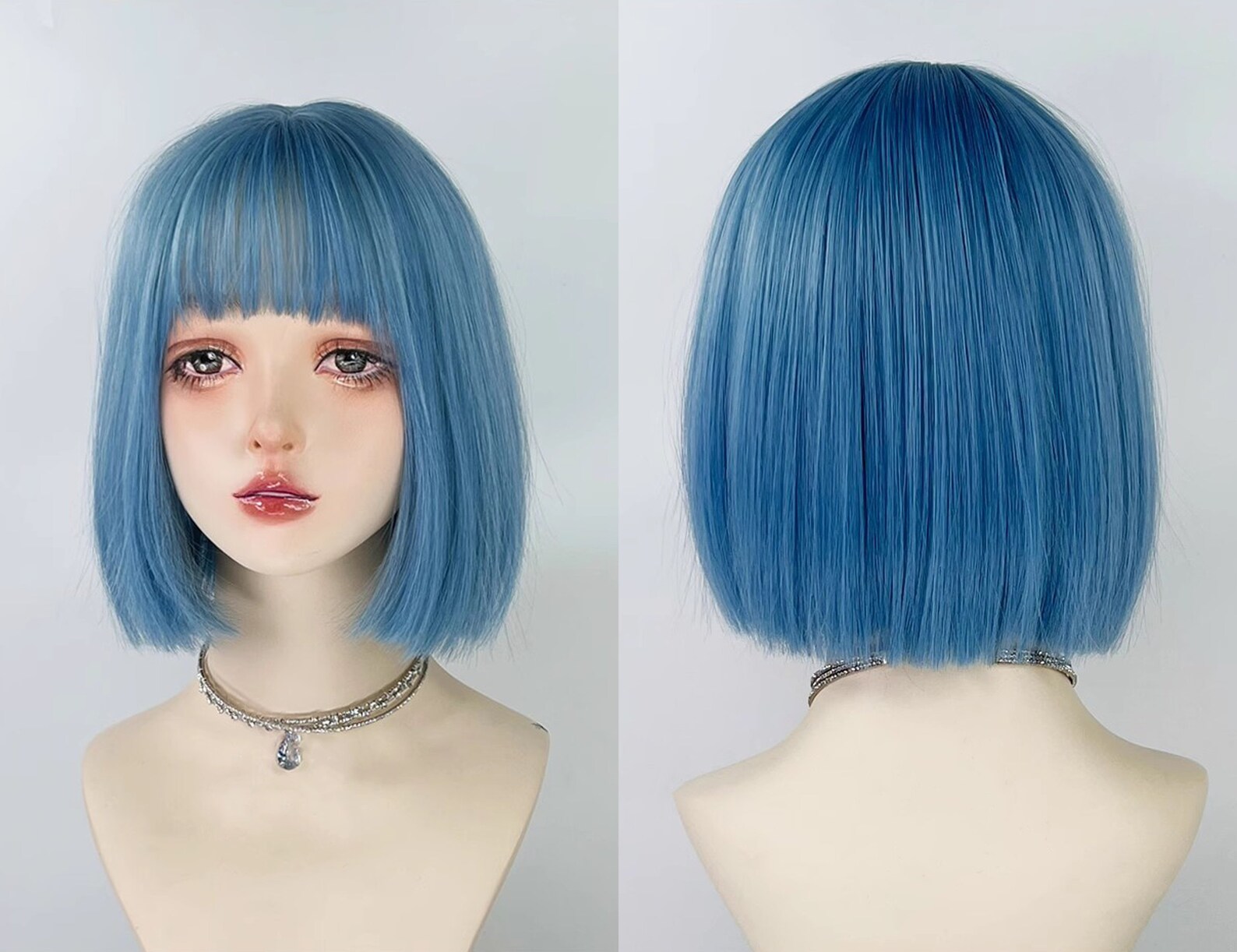Y2K Style Sky Blue Wig With Bangs, Short Straight Blue Color Wig, Blue