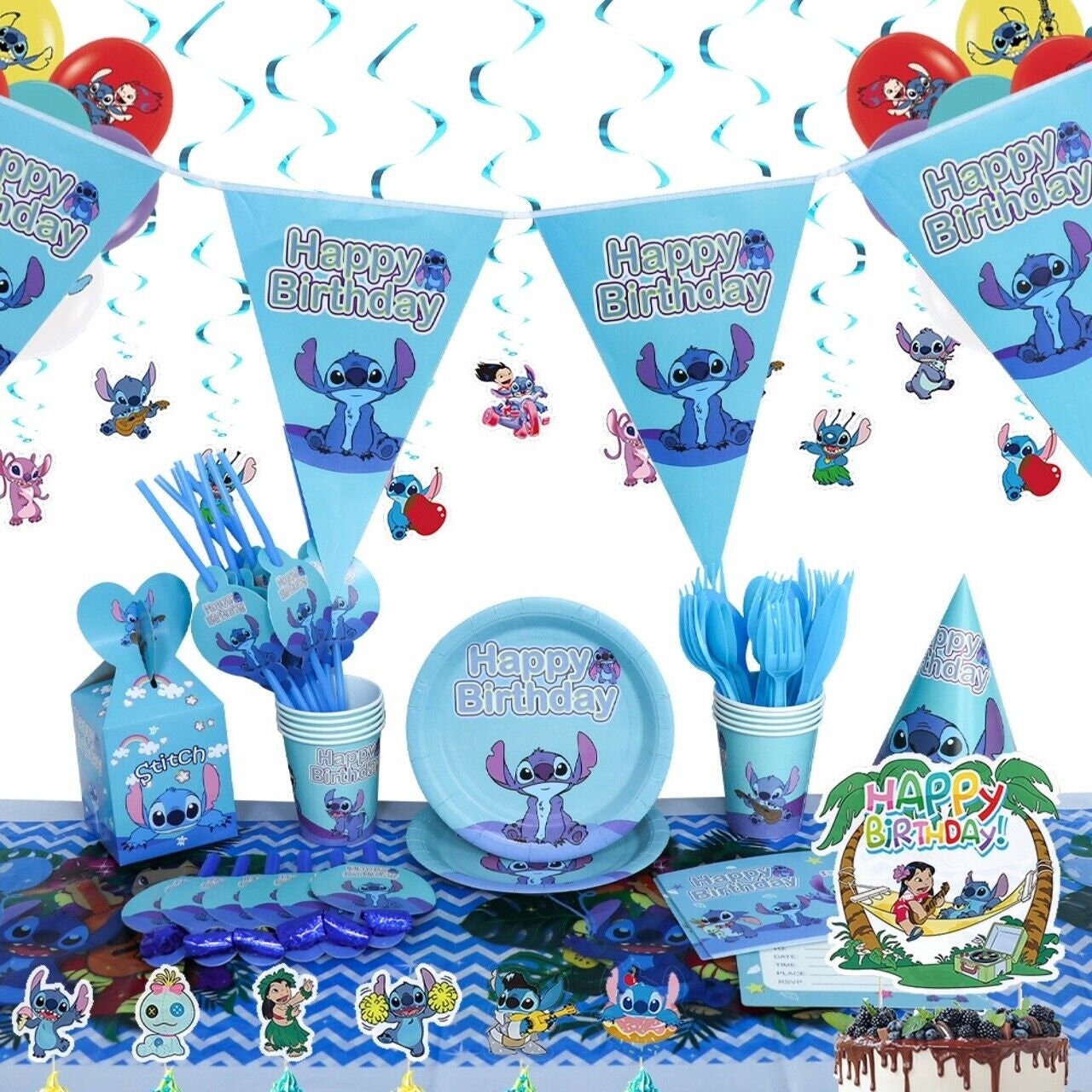 Lilo,stitch,bouquet,balloons,decoration,birthday,girl,cake,celebration,latex,heluim,banner,cups,toppers,angel,pink,blue,hawaiian,surfing  
