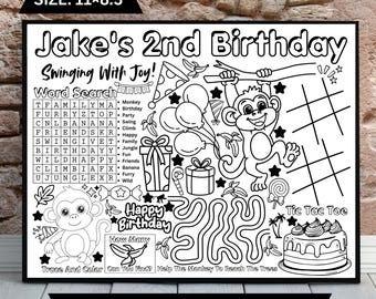 Monkey Birthday Activity Sheet: Personalized Party Placemat (Digital Download)