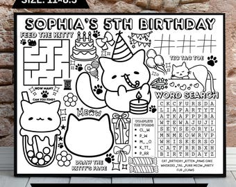 Cat Birthday Party Activity Sheet: Kitten coloring page (Digital Download)