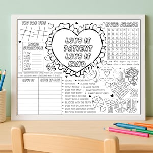 May include: A black and white activity sheet with the words "Love is Patient Love is Kind" in a heart shape. The sheet includes word games, a word scramble, and a maze. The sheet is in a white frame.