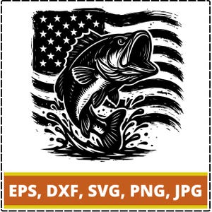 Bass Fishing USA Flag SVG PNG, American Flag Fish Clipart, Fisherman Silhouette Vector, Patriotic Bass Cut File, Digital Download