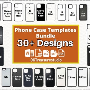 May include: A collection of phone case templates, featuring various designs for different phone models. The image includes a variety of case styles, with the text "Phone Case Templates Bundle 30+ Designs" and file type icons. The cases are in black and white.