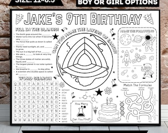Mantel individual con actividades de cumpleaños de ciencias / Fiesta infantil STEM, página para colorear