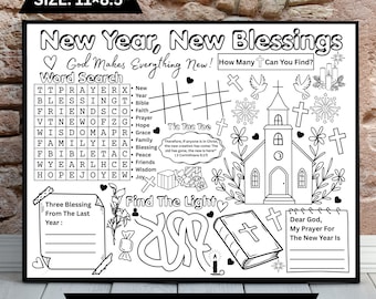 Puede incluir: Hoja de actividades imprimible en blanco y negro con el texto "New Year, New Blessings". Incluye una búsqueda de palabras, tres en raya y otras actividades. La hoja mide 27,9 x 21,6 cm.