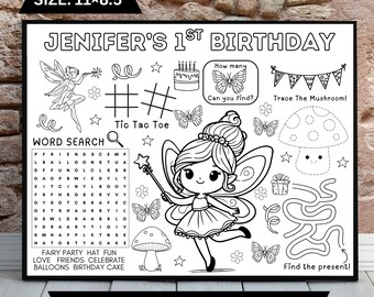 Fairy Birthday Party Activity Sheet | Kids Coloring Placemat, Coloring Page