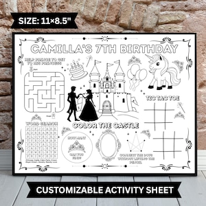 Hoja de actividades para fiestas de princesas / Mantel individual para colorear de cuentos de hadas, página para colorear