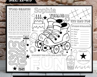 May include: Black and white customizable activity sheet, size 11 x 8.5 inches, featuring a word search, tic-tac-toe, word scramble, connect-the-dots, and other games. The sheet includes roller skates, a birthday cake, and the text "Sophia Turns 5".
