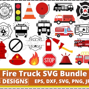 消防車 SVG バンドル、消防車またはトラック緊急車両 SVG、火災、ヘルメット、ホース、斧、消火栓、はしご、信号、クリップアート、ベクター画像