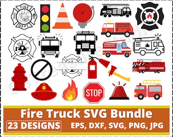 Fire Truck SVG Bundle, Fire Engine or Truck Emergency Vehicle svg, Fire, Helmet, Hose, Ax, Hydrant, Ladder, Signal,, Clipart, Vector Images