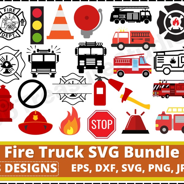 Feuerwehrauto SVG Bundle, Feuerwehrauto oder LKW Einsatzfahrzeug svg, Feuer, Helm, Schlauch, Axt, Hydrant, Leiter, Signal ,, Clipart, Vektorbilder